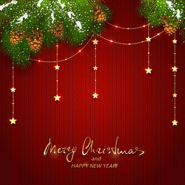 Décorations de Noël avec étoiles dorées sur fond tricoté rouge — Image vectorielle