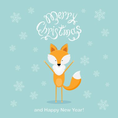 Mutlu fox ve kar taneleri ile mavi Noel arka plan