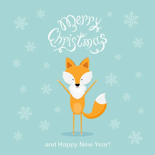 Blauer Weihnachtshintergrund mit glücklichem Fuchs und Schneeflocken — Stockvektor