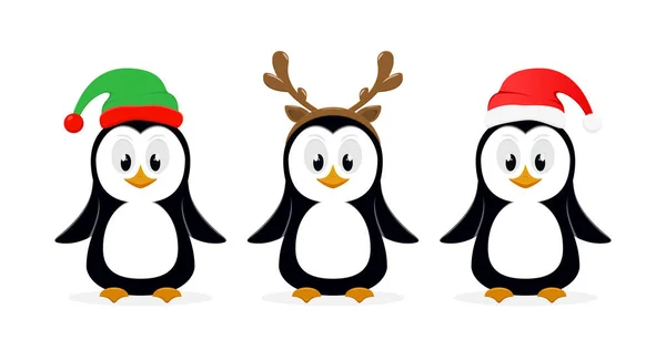 Drei Weihnachtspinguine auf weißem Hintergrund — Stockvektor