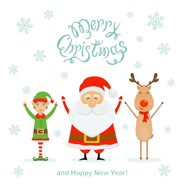 Elf ve beyaz bir Noel adam üzerinde Ren geyiği ile mutlu Noel Baba