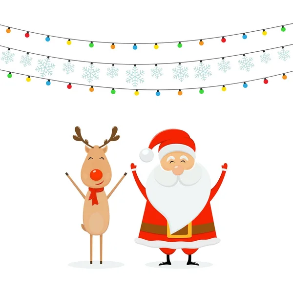 Joyeux Père Noël avec rennes et lumières de Noël avec flocons de neige o — Image vectorielle