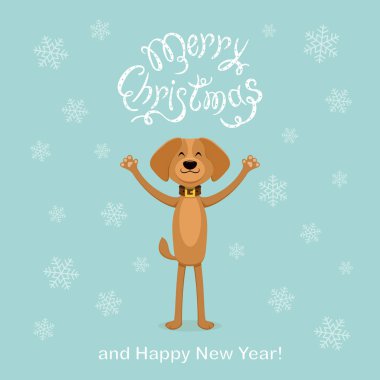 Mutlu köpek ve kar taneleri ile mavi Noel arka plan