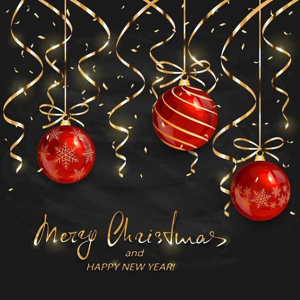 红色圣诞球和黑色黑板上的金色装饰 — 图库矢量图片
