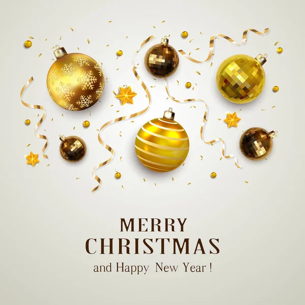 灰色背景上带彩带的金色圣诞球 — 图库矢量图片