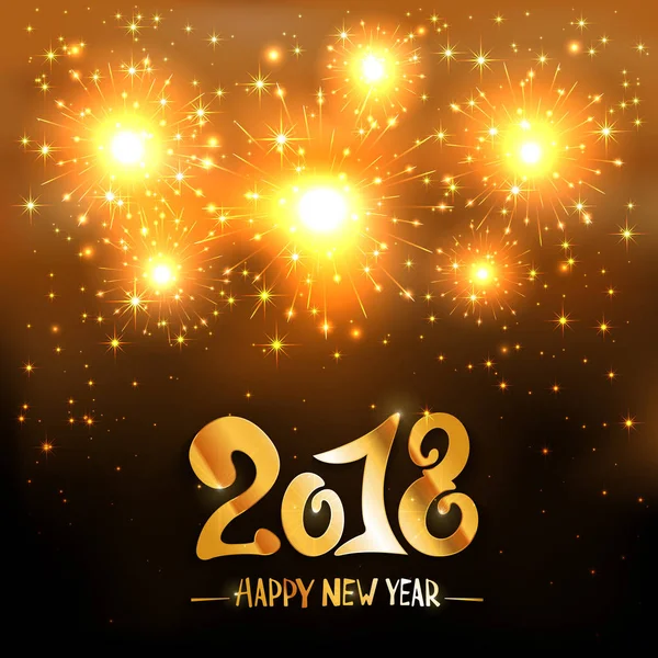 Fogo de artifício dourado e Feliz Ano Novo 2018 — Vetor de Stock