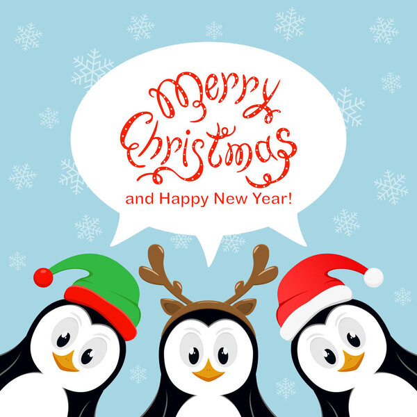 Merry Christmas in speech bubble with snowflakes and three pengu
