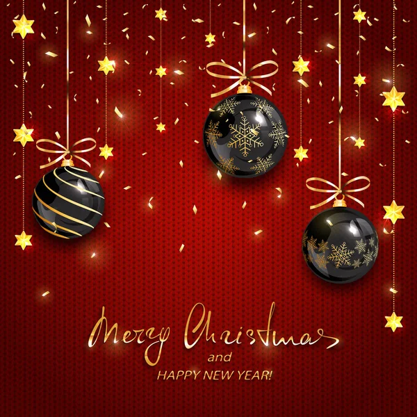红色针织背景的黑色圣诞球和金色星星 — 图库矢量图片