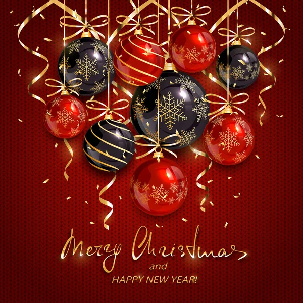 红色和黑色的圣诞球和金色飘带针织 ba — 图库矢量图片