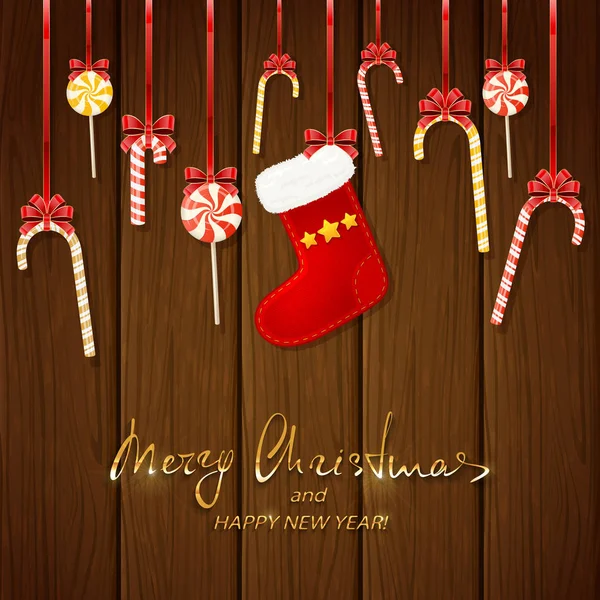 Décorations de Noël avec canne à bonbons et chaussette sur bois brun b — Image vectorielle