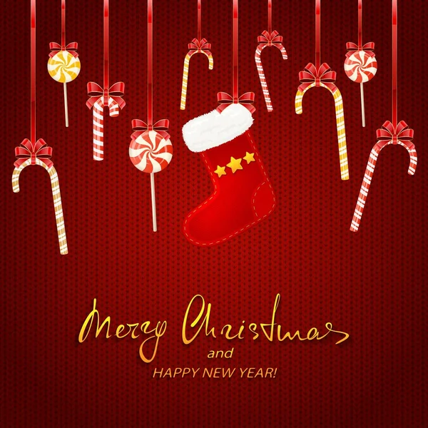 Різдвяні прикраси з цукерковою тростиною і шкарпеткою на червоному в'язаному ба — стоковий вектор