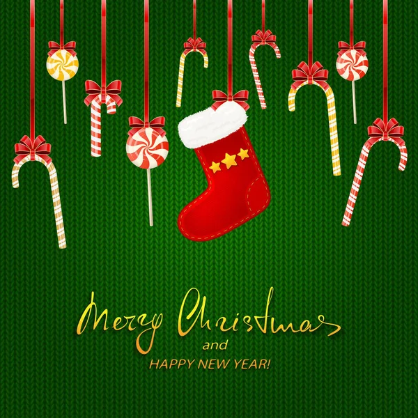Decoraciones de Navidad con bastón de caramelo y calcetín en punto verde — Vector de stock