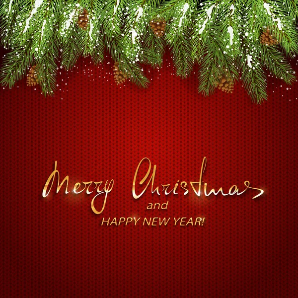 Vánoční nápis na červené pletené pozadí a jedle strom branc — Stockový vektor