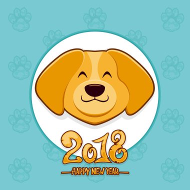 Mutlu yeni yıl 2018 of mavi arka plan üstünde belgili tanımlık köpek