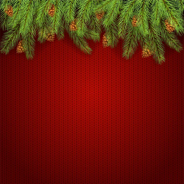Christmas red knitted background and fir tree branches — Stock Vector