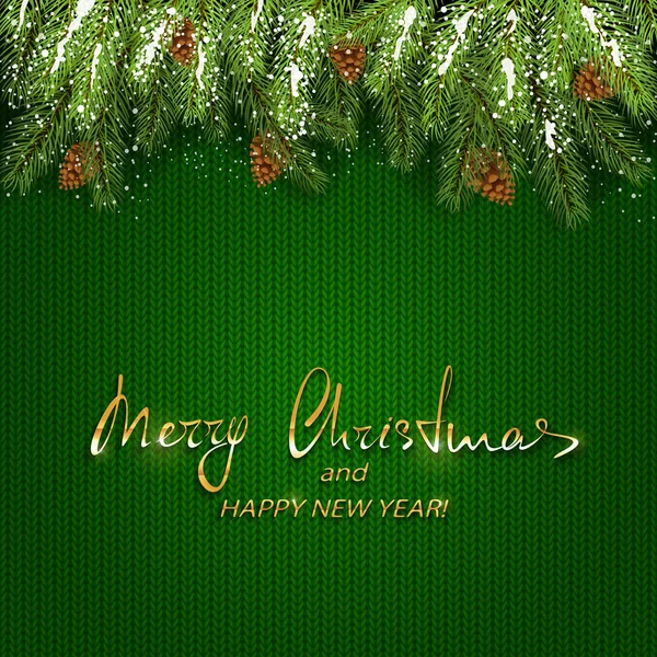 Vánoční nápis na zelené pletené pozadí a jedle strom podprsenku — Stockový vektor
