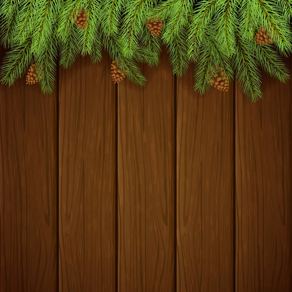 Ozdoby świąteczne z gałęzie drzewa jodła i sosna szyszki na brązowym tle drewnianych — Wektor stockowy