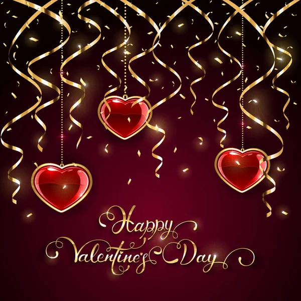 Happy Valentines Day met klatergoud en harten op een donkere achtergrond — Stockvector
