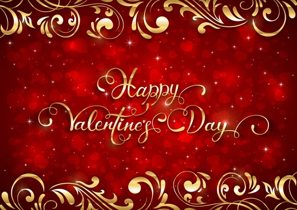 Fondo rojo de San Valentín con corazones y elementos dorados adornados — Vector de stock