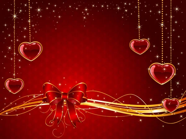 Fondo rojo de San Valentín con arco y corazones — Vector de stock