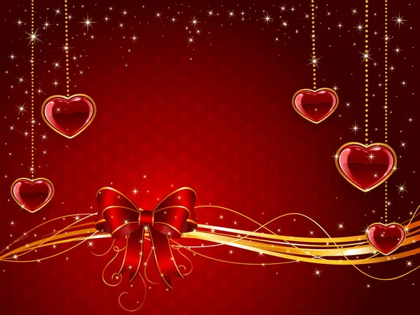 Red Valentines background with bow and hearts — Stock Vector