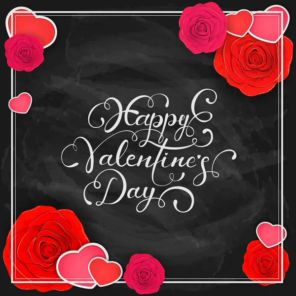 Hearts with roses and Happy Valentines Day on black chalkboard b — Stock Vector