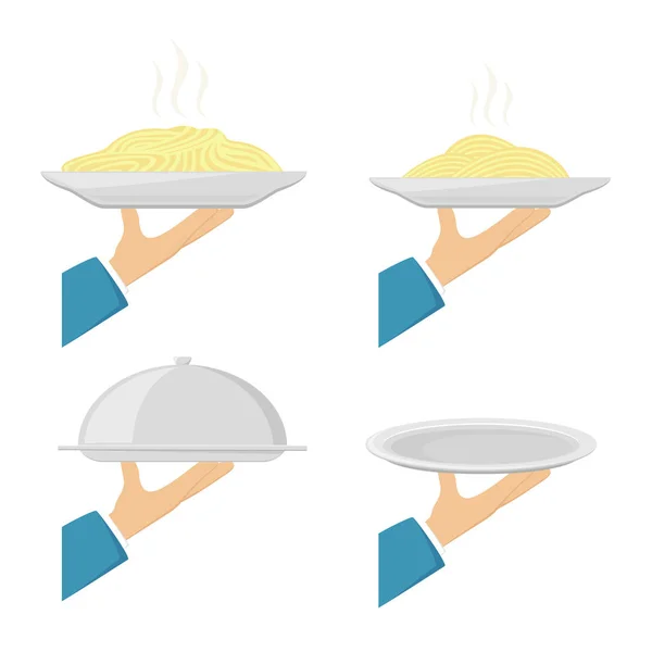 Set de manos de camarero con bandejas y platos — Archivo Imágenes Vectoriales