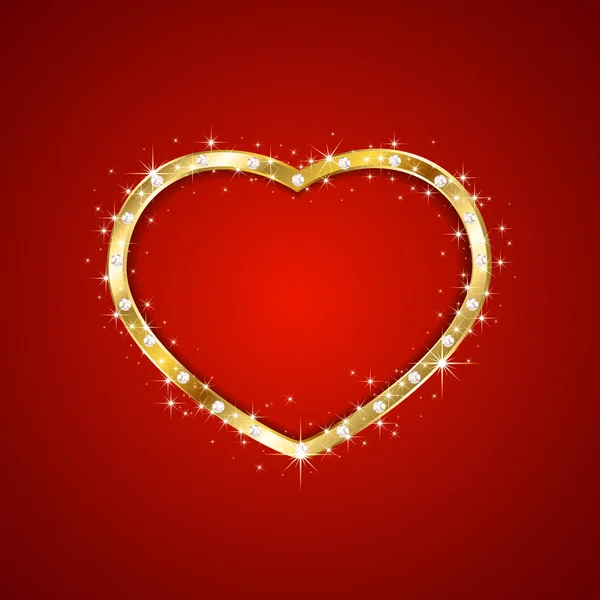 Gold heart with diamonds on red background — Stock Vector