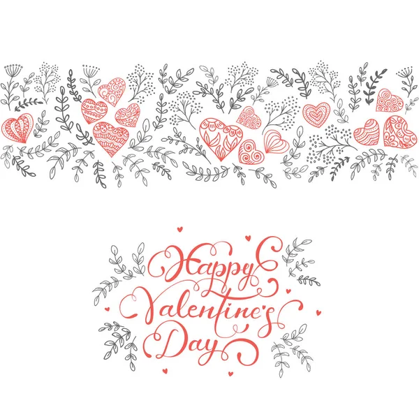 Black floral elements with hearts and red lettering Happy Valent — Stock Vector