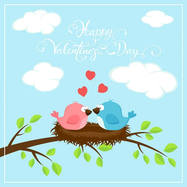 Happy Valentines Day with two birds and hearts — Stock Vector