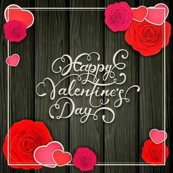 Corações com rosas e Feliz Dia dos Namorados em backg de madeira preta —  Vetores de Stock