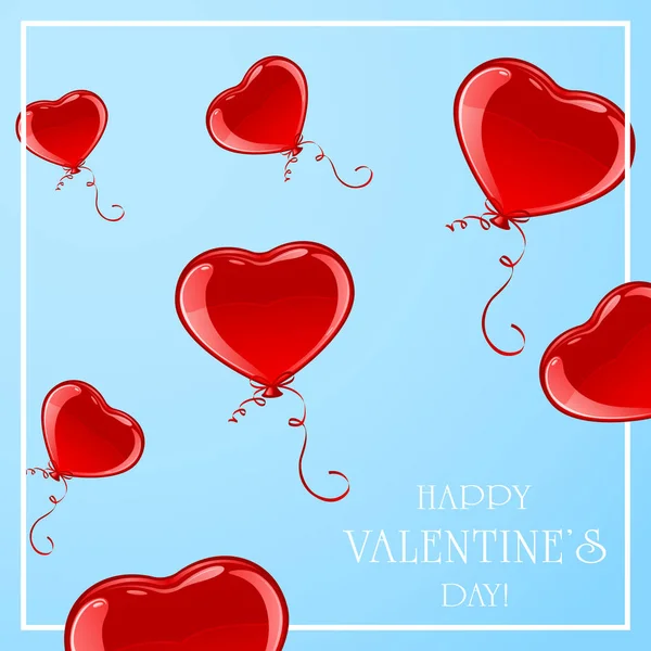 Red Valentijn Ballonnen in de vorm van hart op blauwe achtergrond — Stockvector