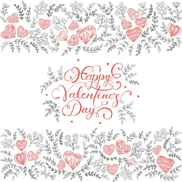 Elementos florales negros con corazones rojos y letras Happy Valent — Vector de stock