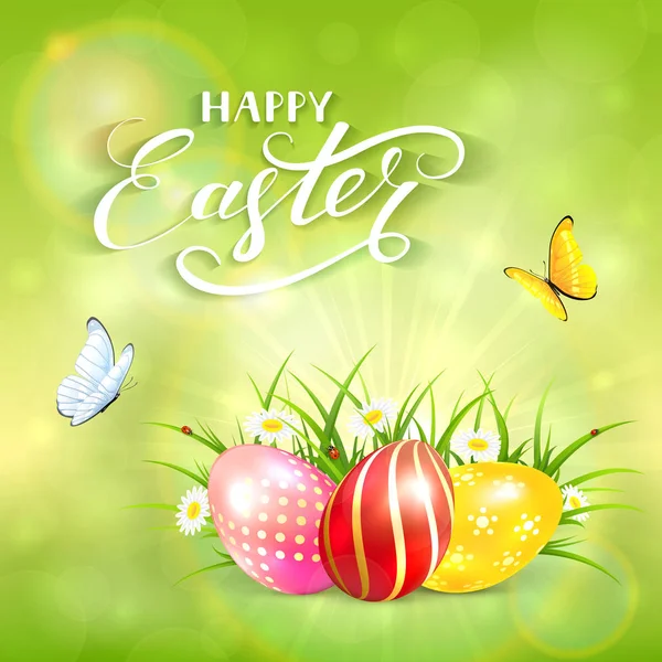 Nature verte fond ensoleillé avec des œufs de Pâques — Image vectorielle