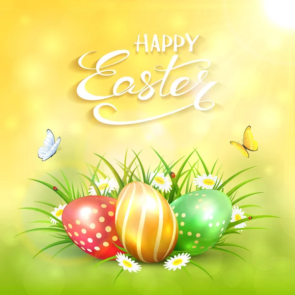 Güneşli sarı arka plan Paskalya yumurtaları çim ile — Stok Vektör