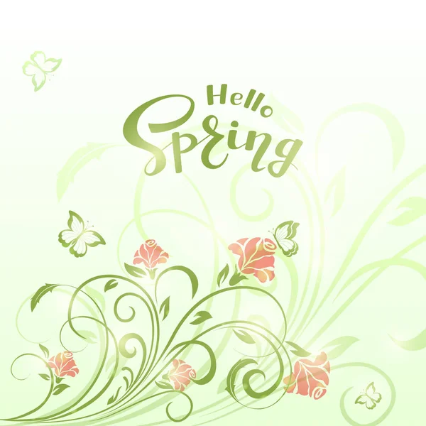 Ornement abstrait avec fleurs rouges et lettrage Hello Spring, I — Image vectorielle