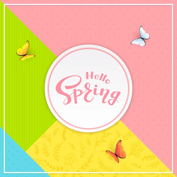 Fondo colorido con texto Hola primavera y mariposas — Vector de stock