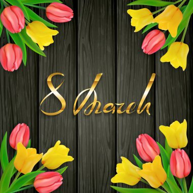 8 Mart kadınlar günü Lale siyah ahşap zemin üzerine