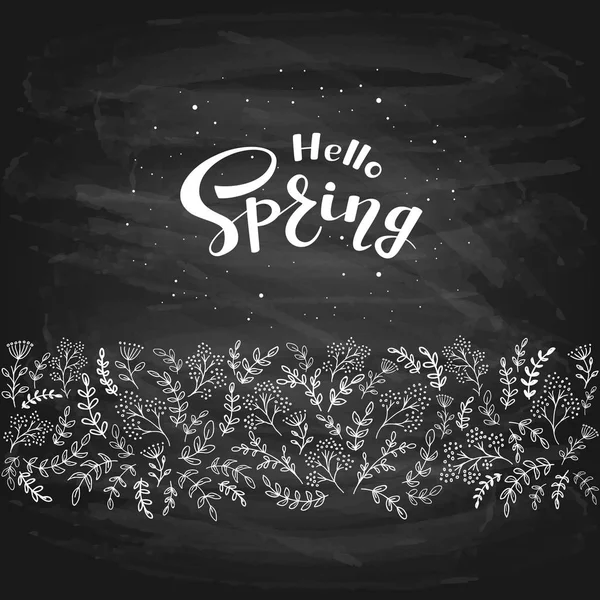 Texto Hola Primavera y elementos florales sobre pizarra negra backgr — Vector de stock