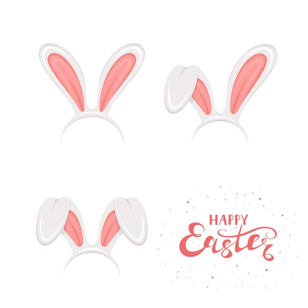 Texte Joyeux Pâques et ensemble d'oreilles de lapin sur fond blanc — Image vectorielle