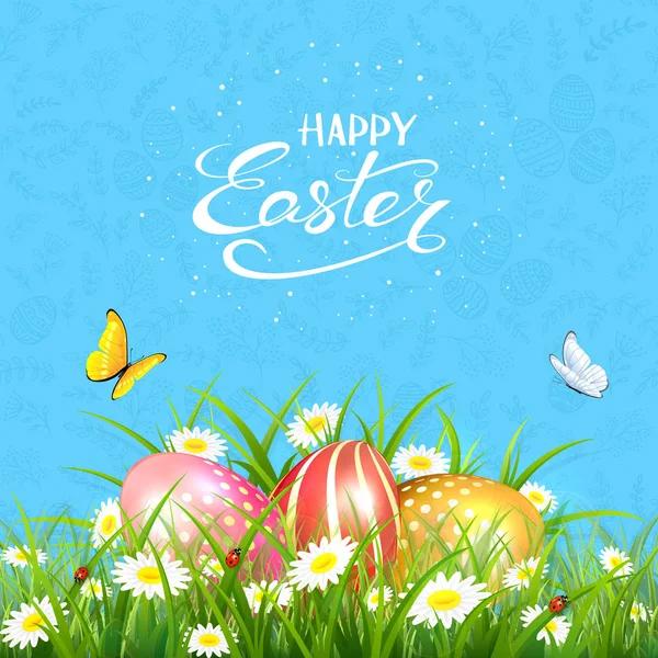 Blue background with butterflies and Easter eggs in grass — Stock Vector