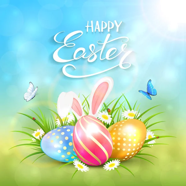 Blue sunny background with Easter eggs and rabbit ears in grass — Stock Vector