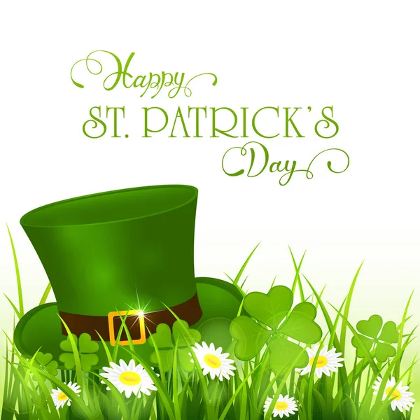 Patricks Giorno sfondo con cappello verde di leprecauno in erba — Vettoriale Stock