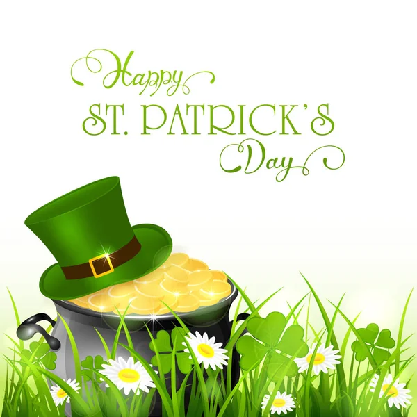 Ευτυχής ημέρα Πατρικίου και πράσινο καπέλο με το χρυσό από leprechauns σε γρα — Διανυσματικό Αρχείο