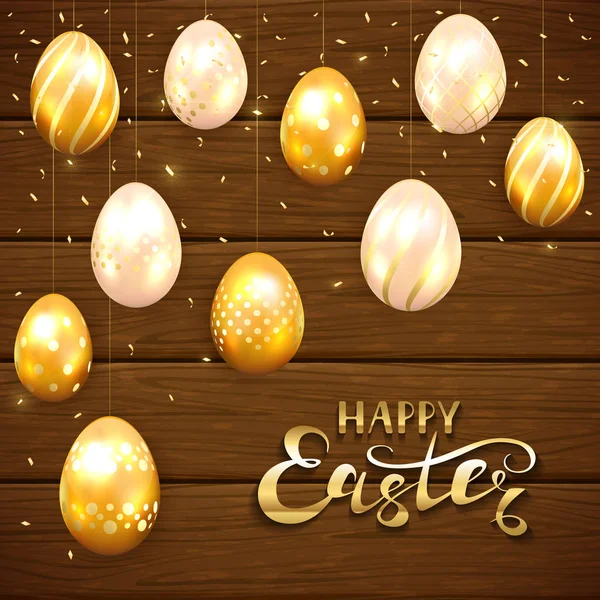 Happy Easter and golden eggs on brown wooden background — Stock Vector