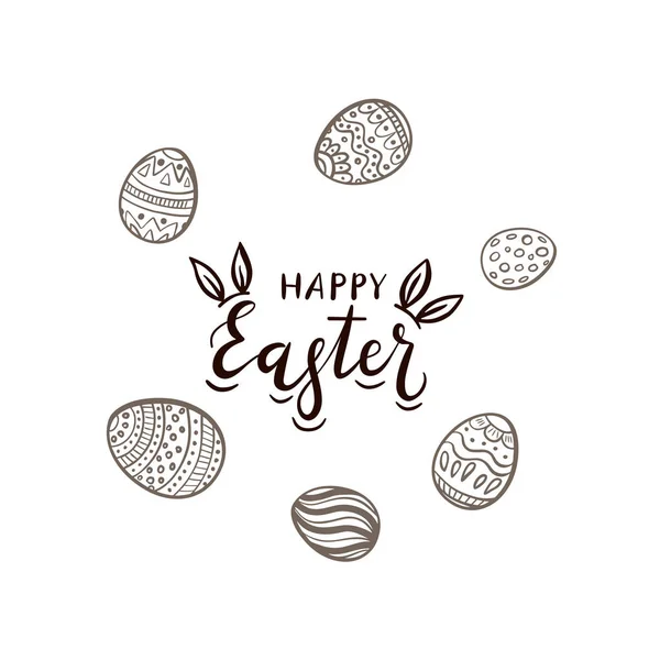Texte Joyeux Pâques avec des oreilles de lapin et des œufs — Image vectorielle