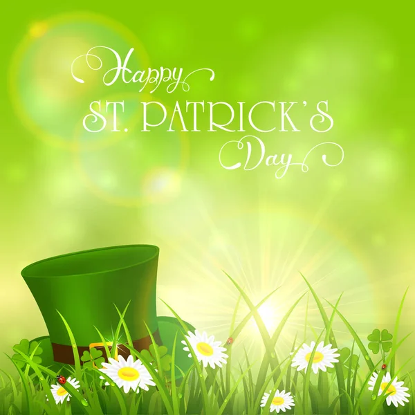 Patrick Day achtergrond en groen hoed in gras — Stockvector