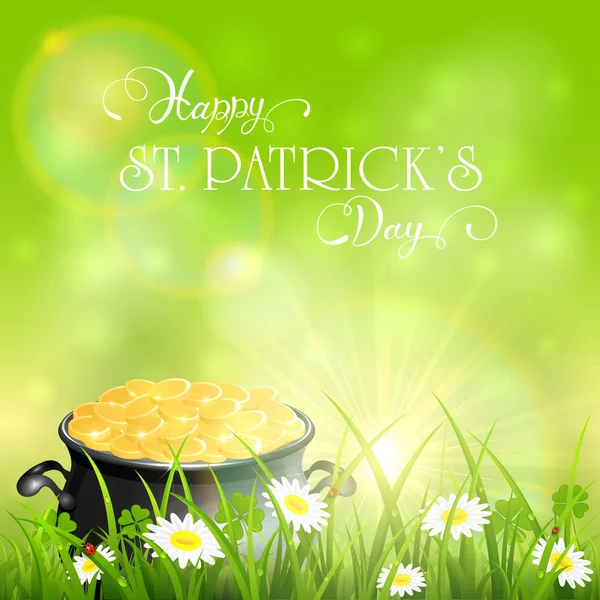 Patrick Day achtergrond en goud van kabouters in gras — Stockvector