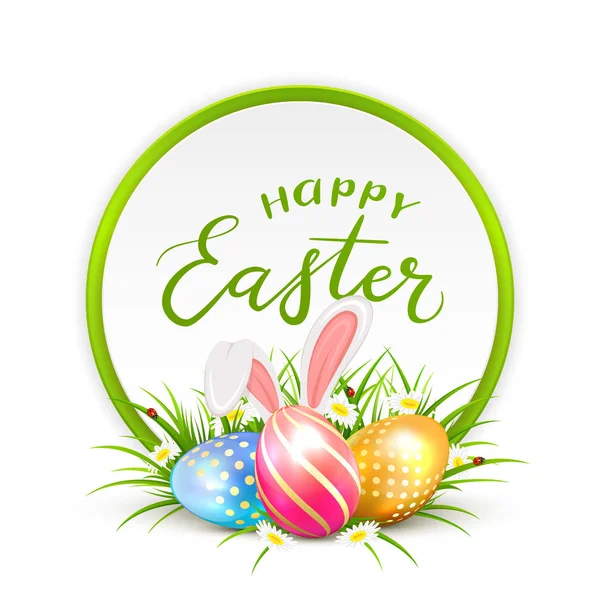 Huevos de Pascua con orejas de conejo en hierba — Vector de stock