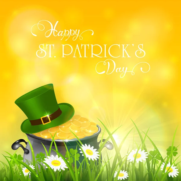 Patricks Day and green hat with gold of leprechaun in grass on y — Stock Vector